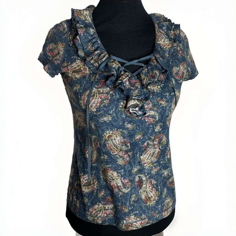 Vtg Lauren Ralph Lauren Blue Paisley Ruffle V Neck Shirt Size S Small Peasant